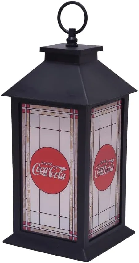 Coca Cola Vintage Logo Flameless Pre Lit LED Stained Glass Style Lantern, Black, 13 Inch