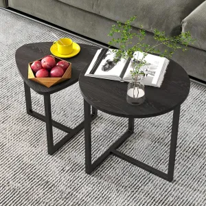 Coffee Table Side Tables End Tables Living Room Set of 2,Round Coffee Table Small Coffee Table Decor for Bedroom,Modern & Sturdy Metal Frame & Wood Top,Easy Assembly,Black Coffee Table