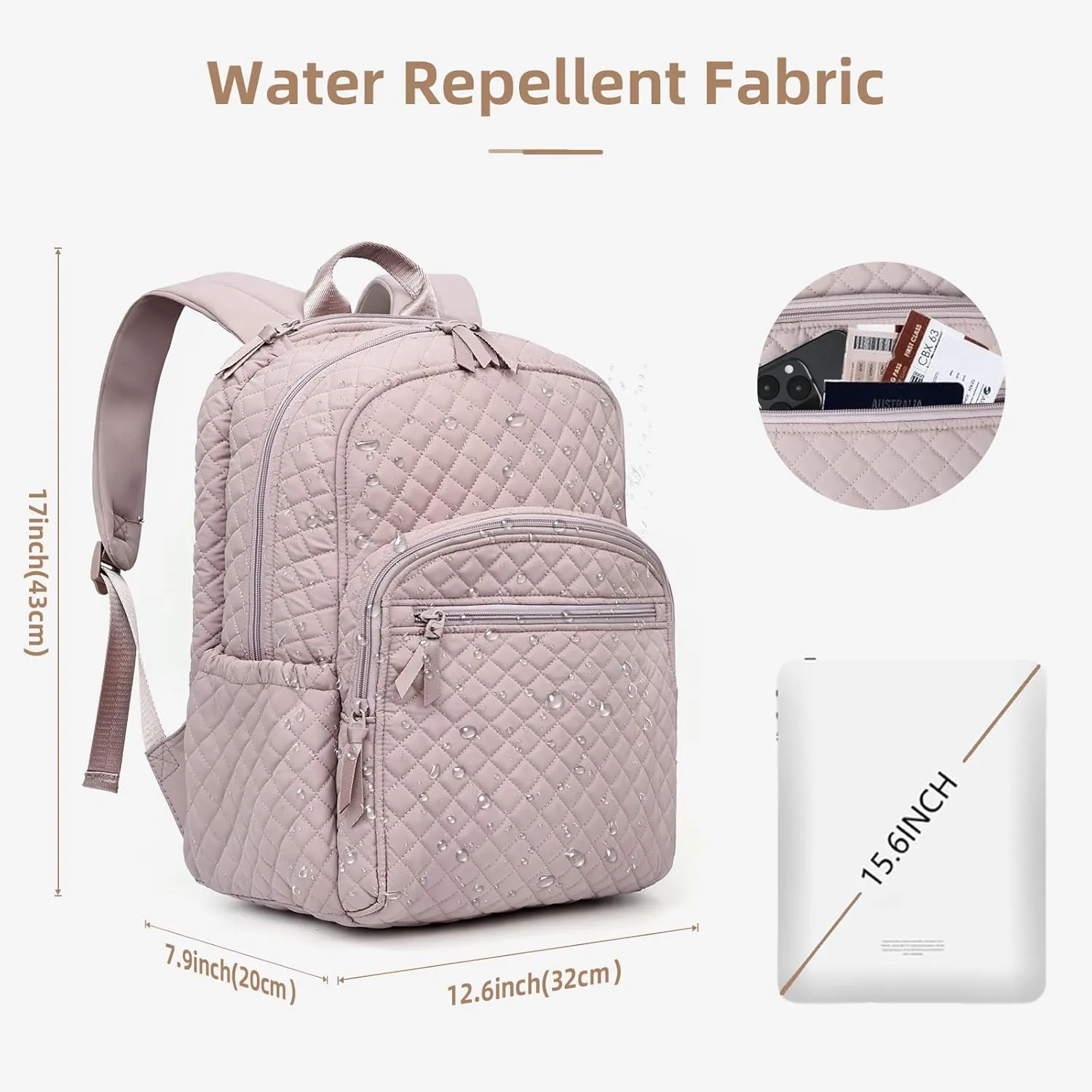 College Laptop Backpack, Travel Backpack for Women, Quilted Casual Daypack, Waterproof Bookbag for 15.6 Inch Laptop