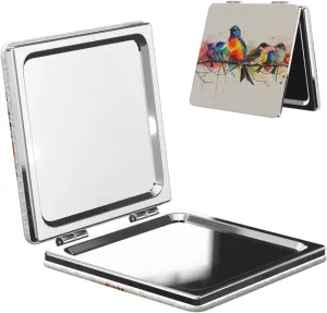 Colorful Bird Printed Square Pocket Makeup Mirror with 1X/2X Magnification, Portable Mini Travel Makeup Mirror for Travel Daily Work Beauty