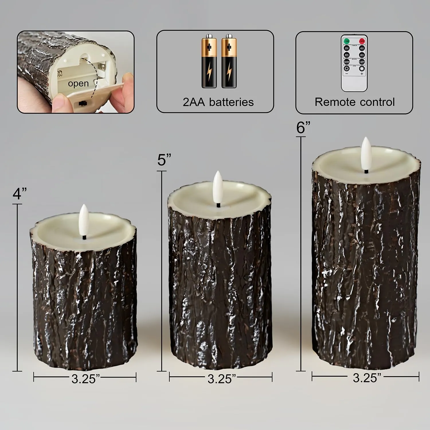 Comenzar Flameless Candles Battery Operated Candles Pine Bark Effect Real Candle Flickering 3D Wick Electric Home Decor Festival LED Candle with Timer 3Pack