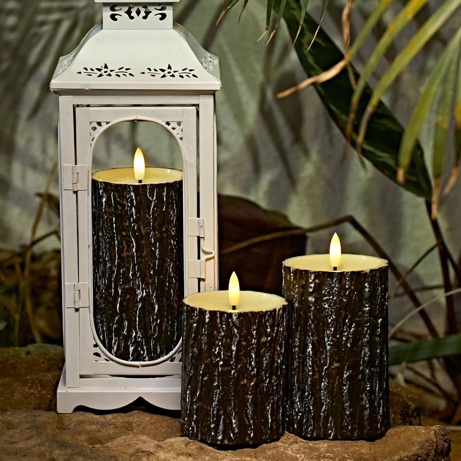 Comenzar Flameless Candles Battery Operated Candles Pine Bark Effect Real Candle Flickering 3D Wick Electric Home Decor Festival LED Candle with Timer 3Pack