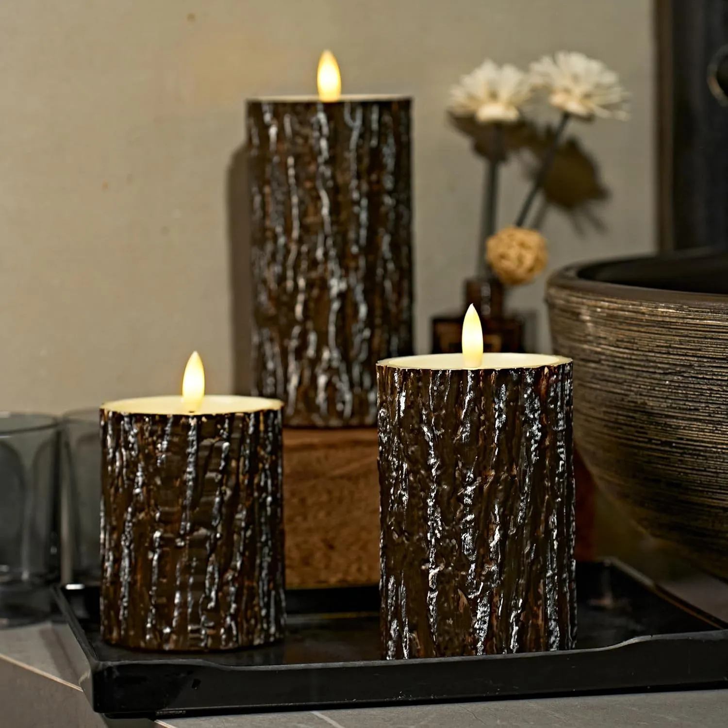 Comenzar Flameless Candles Battery Operated Candles Pine Bark Effect Real Candle Flickering 3D Wick Electric Home Decor Festival LED Candle with Timer 3Pack