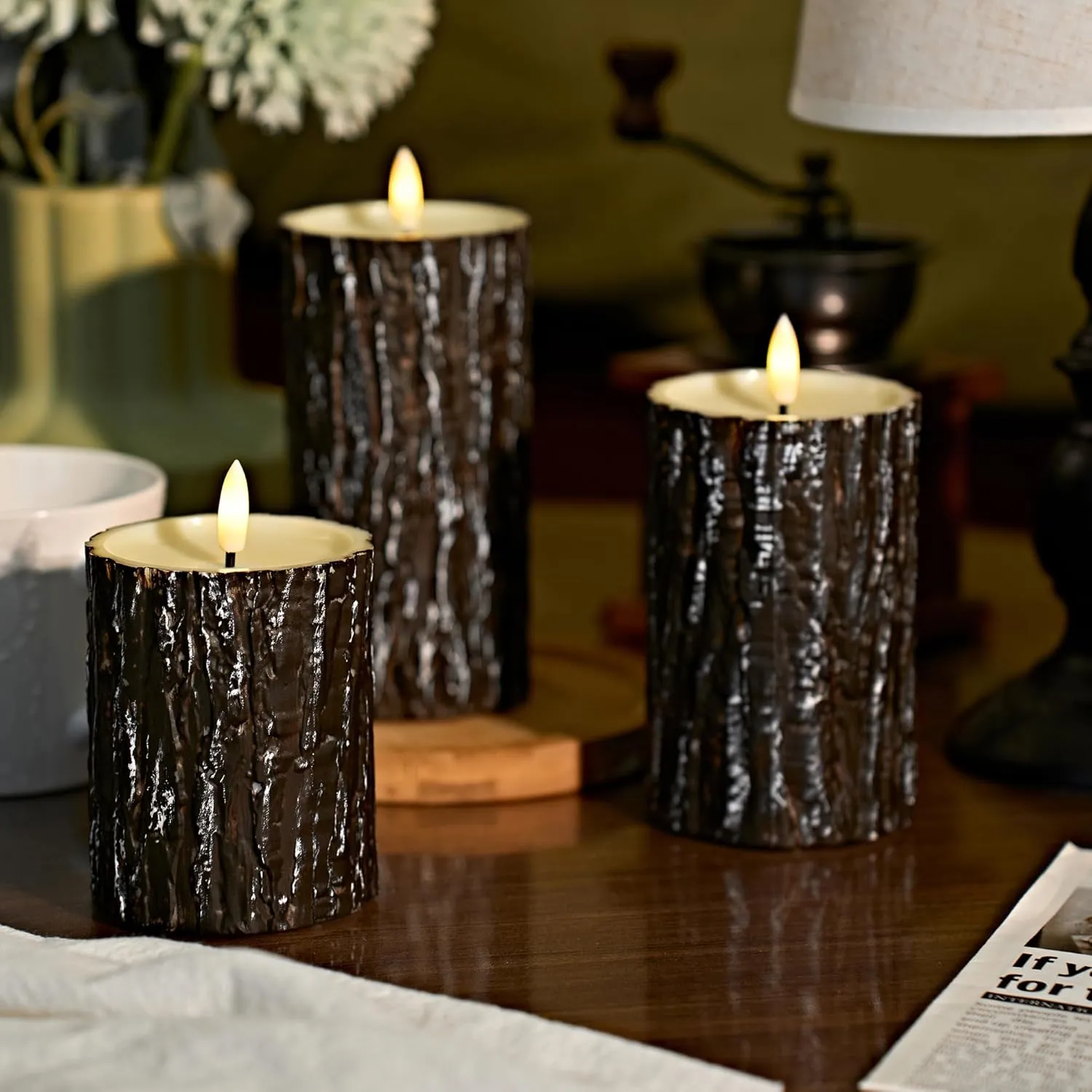 Comenzar Flameless Candles Battery Operated Candles Pine Bark Effect Real Candle Flickering 3D Wick Electric Home Decor Festival LED Candle with Timer 3Pack