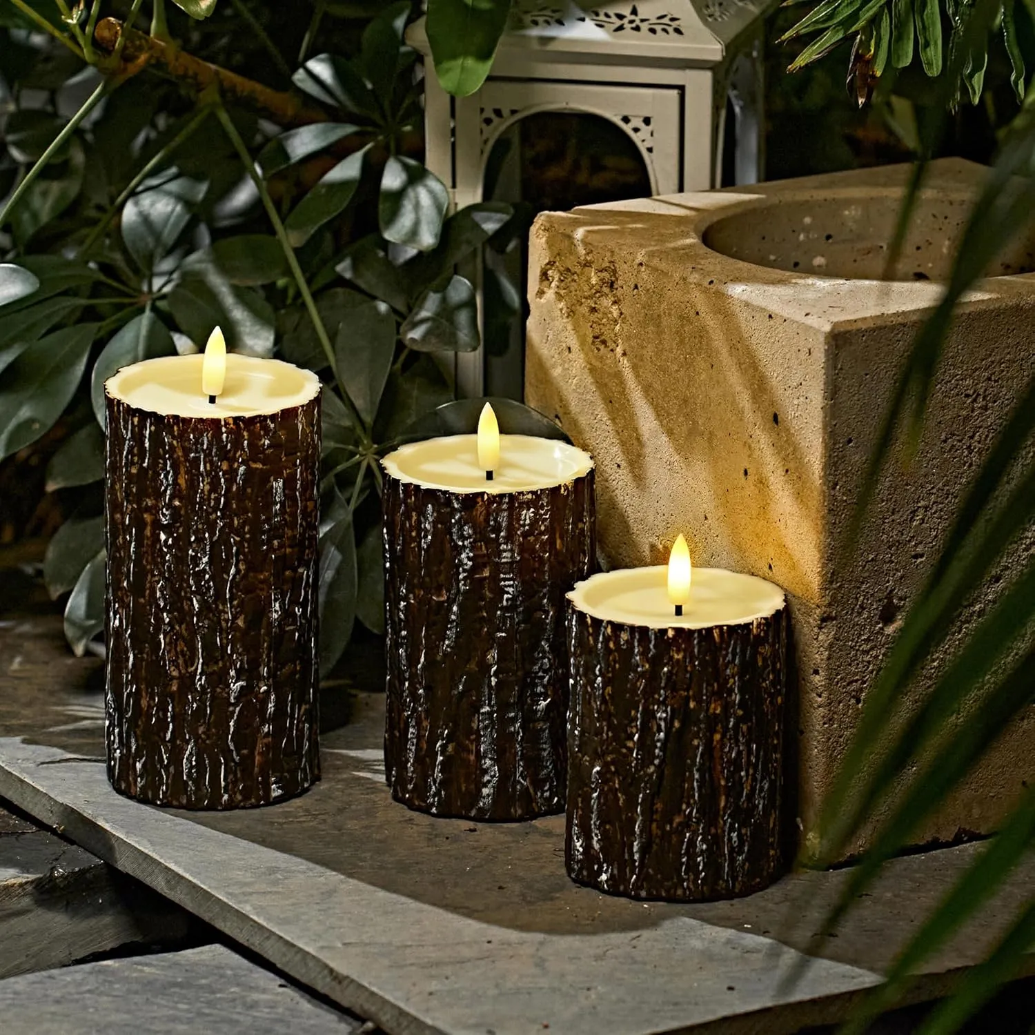 Comenzar Flameless Candles Battery Operated Candles Pine Bark Effect Real Candle Flickering 3D Wick Electric Home Decor Festival LED Candle with Timer 3Pack