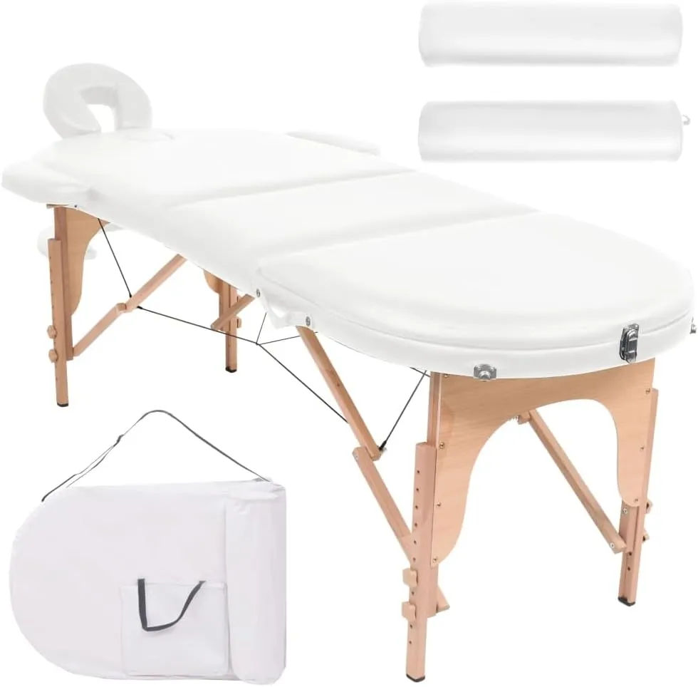 Comfortable and Adjustable Folding Massage Table with Bolsters, Strong Wooden Frame, 1.6" Thick Padding, White
