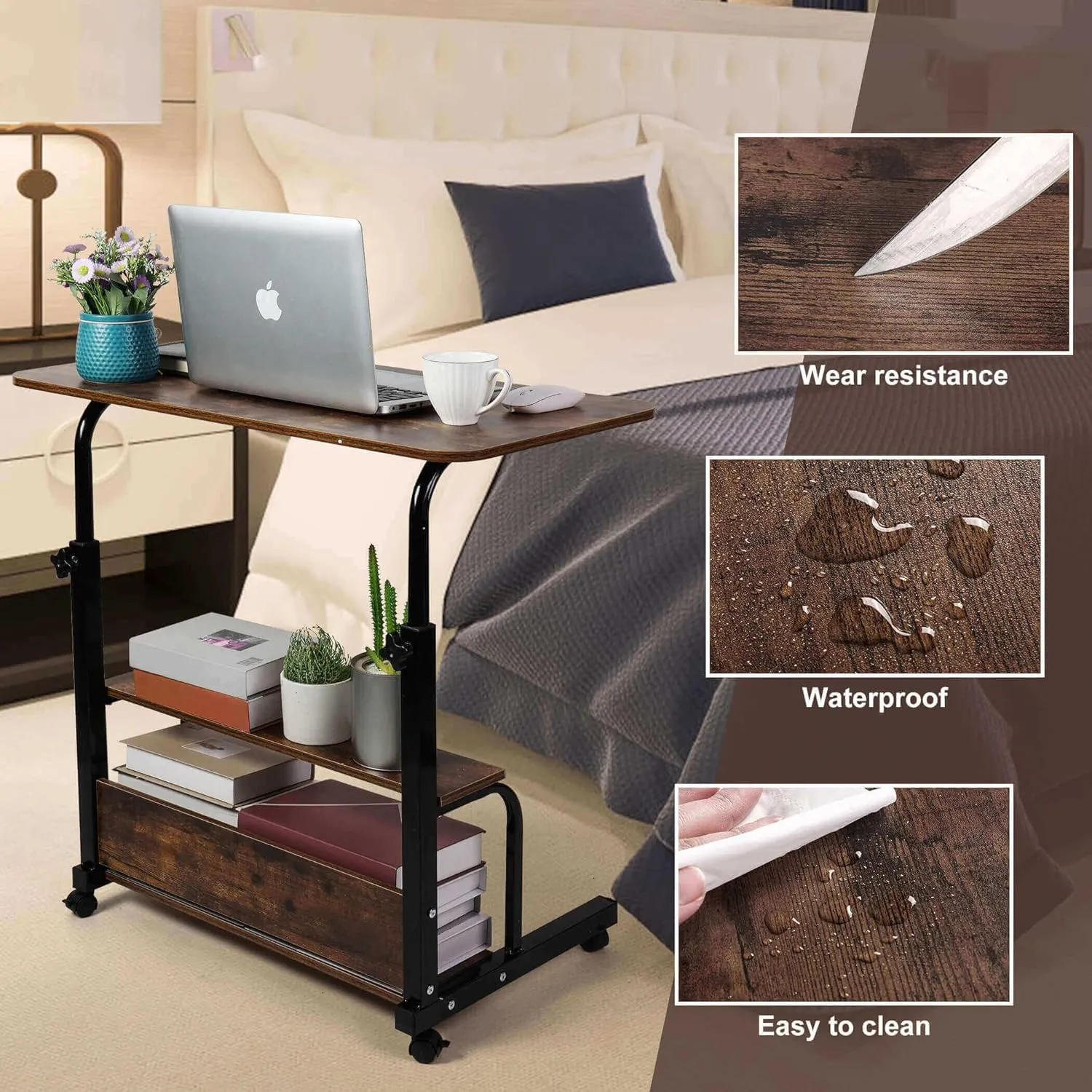 Computer Desk Office Table with Storage Gaming Table Adjustable Height Mobile Computer Desk for Small Space Rolling Writing Home Office Study Desks Portable for Bedrooms Work L