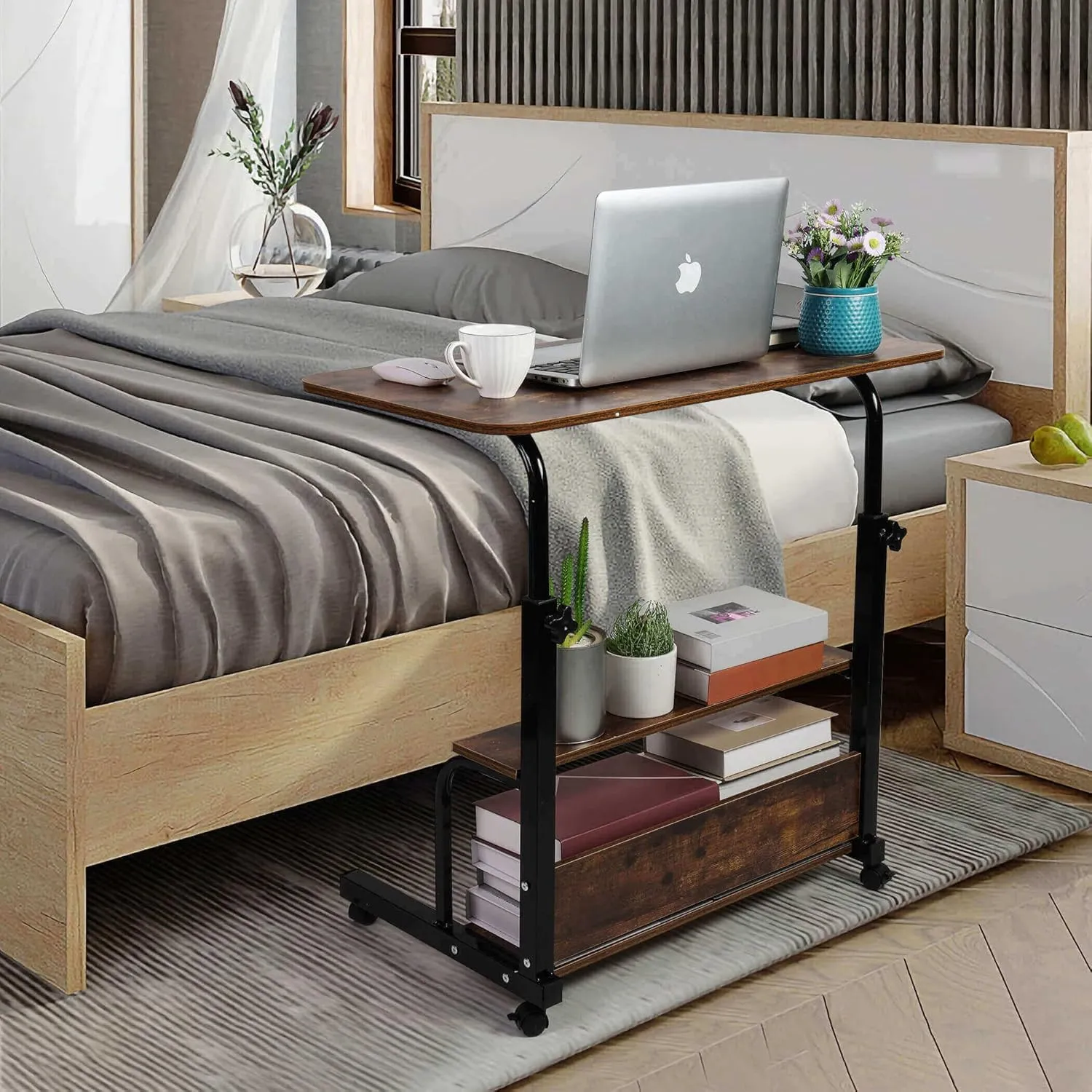 Computer Desk Office Table with Storage Gaming Table Adjustable Height Mobile Computer Desk for Small Space Rolling Writing Home Office Study Desks Portable for Bedrooms Work L