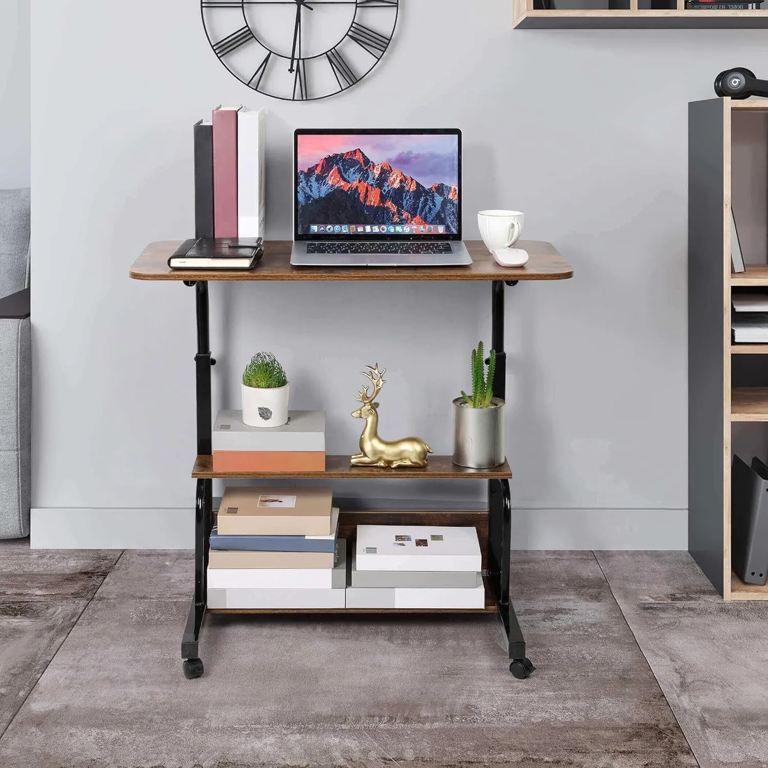 Computer Desk Office Table with Storage Gaming Table Adjustable Height Mobile Computer Desk for Small Space Rolling Writing Home Office Study Desks Portable for Bedrooms Work L
