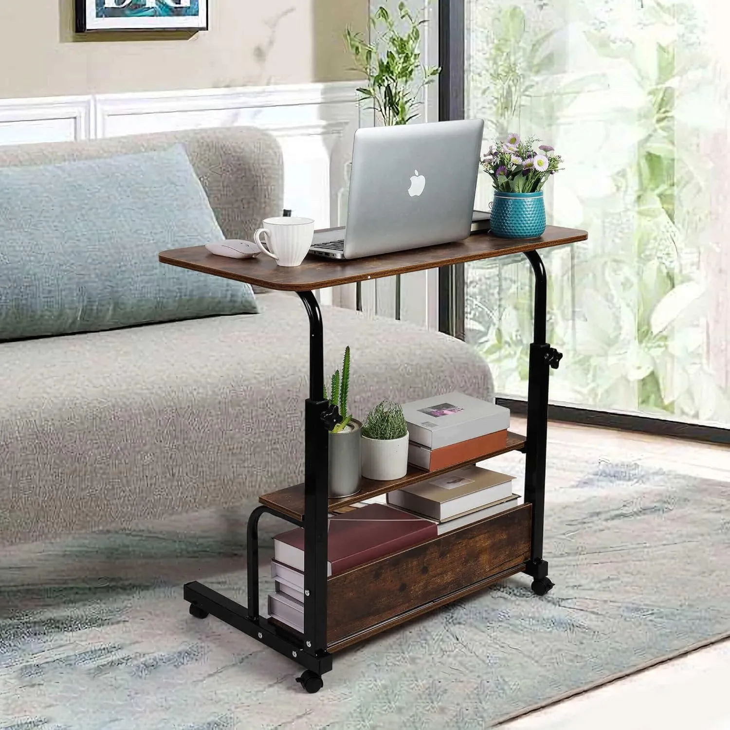 Computer Desk Office Table with Storage Gaming Table Adjustable Height Mobile Computer Desk for Small Space Rolling Writing Home Office Study Desks Portable for Bedrooms Work L