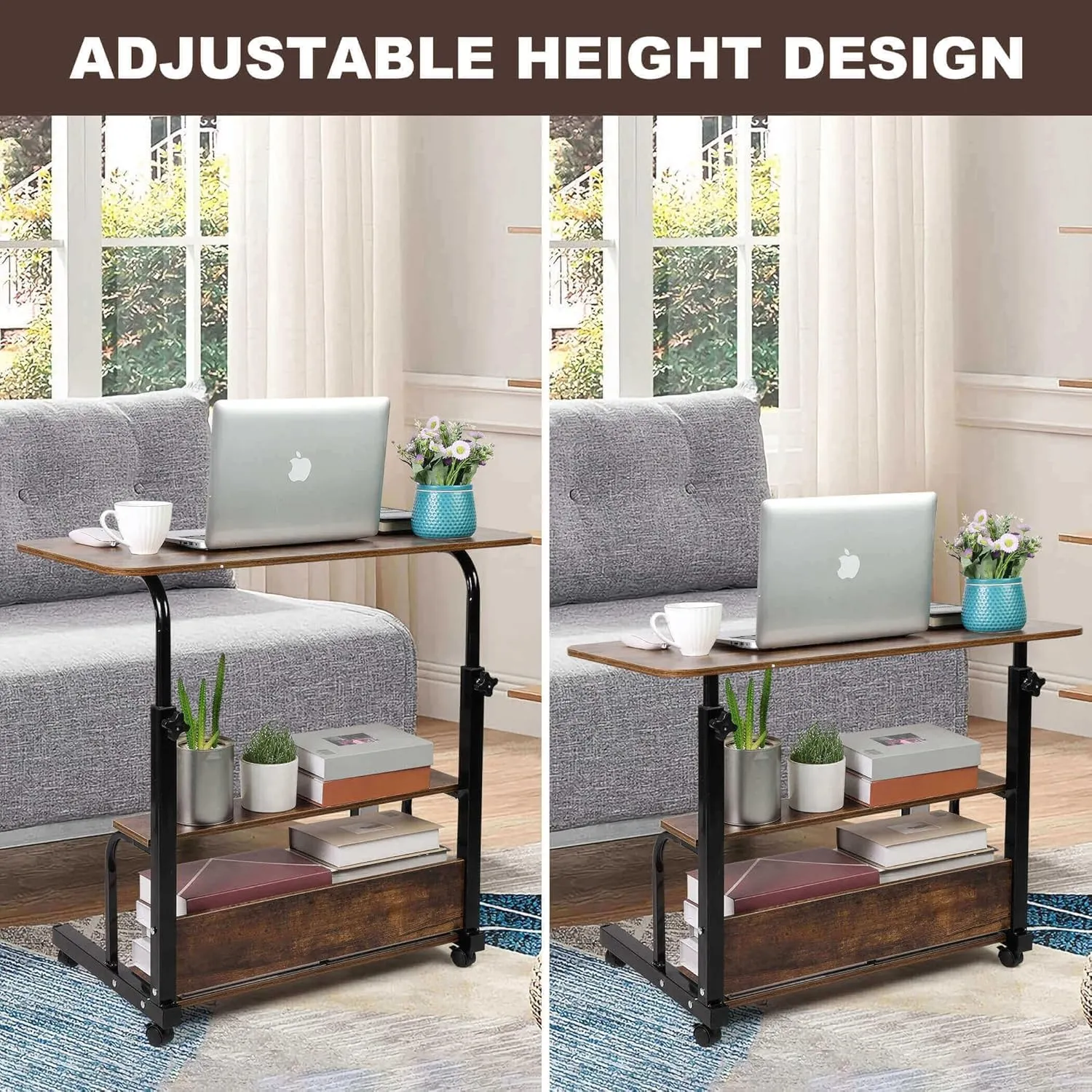 Computer Desk Office Table with Storage Gaming Table Adjustable Height Mobile Computer Desk for Small Space Rolling Writing Home Office Study Desks Portable for Bedrooms Work L