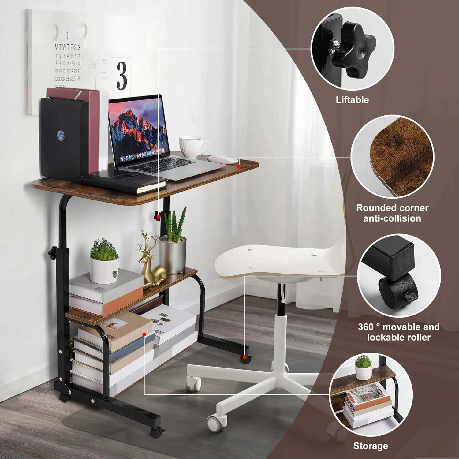 Computer Desk Office Table with Storage Gaming Table Adjustable Height Mobile Computer Desk for Small Space Rolling Writing Home Office Study Desks Portable for Bedrooms Work L