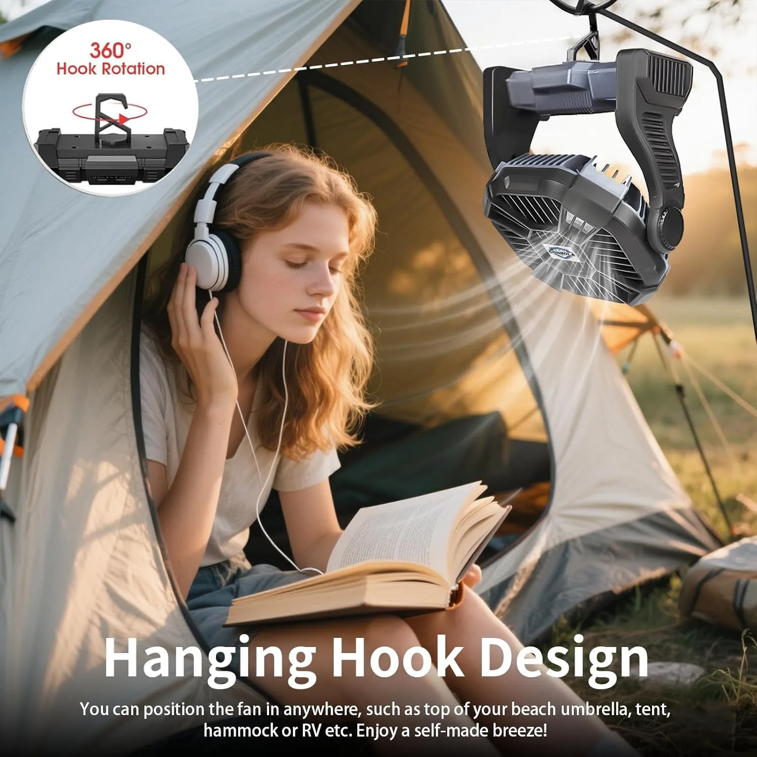 CONBOLA 25400mAh,Camping Fan, Portable Fans Rechargeable 9-Inch Battery Powered (180Hrs) LED Lantern, USB C Battery Beach Fan.