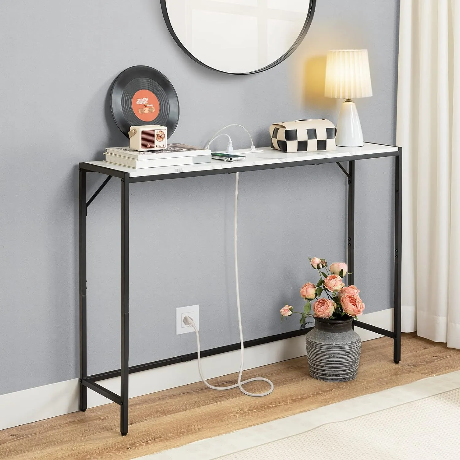 Console Table, Narrow Sofa Table, 43.3” Entrance Table with Power Station, Behind Couch Table, Simple Style, for Living Room, Hallway, Entryway, Foyer, Marble and Black CTHM112E01