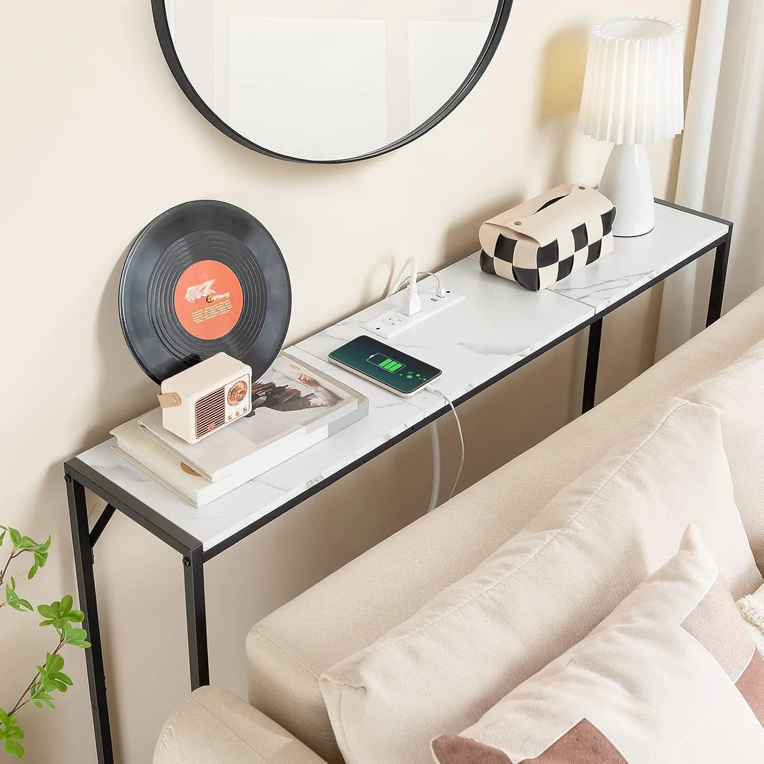 Console Table, Narrow Sofa Table, 43.3” Entrance Table with Power Station, Behind Couch Table, Simple Style, for Living Room, Hallway, Entryway, Foyer, Marble and Black CTHM112E01