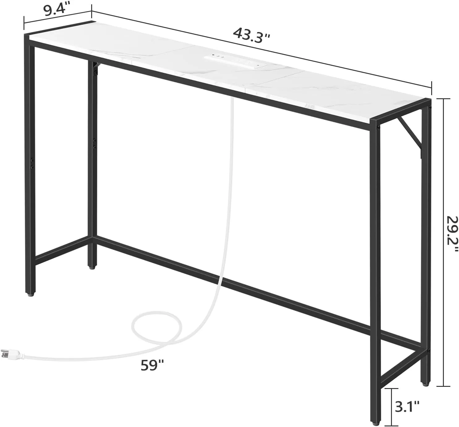Console Table, Narrow Sofa Table, 43.3” Entrance Table with Power Station, Behind Couch Table, Simple Style, for Living Room, Hallway, Entryway, Foyer, Marble and Black CTHM112E01