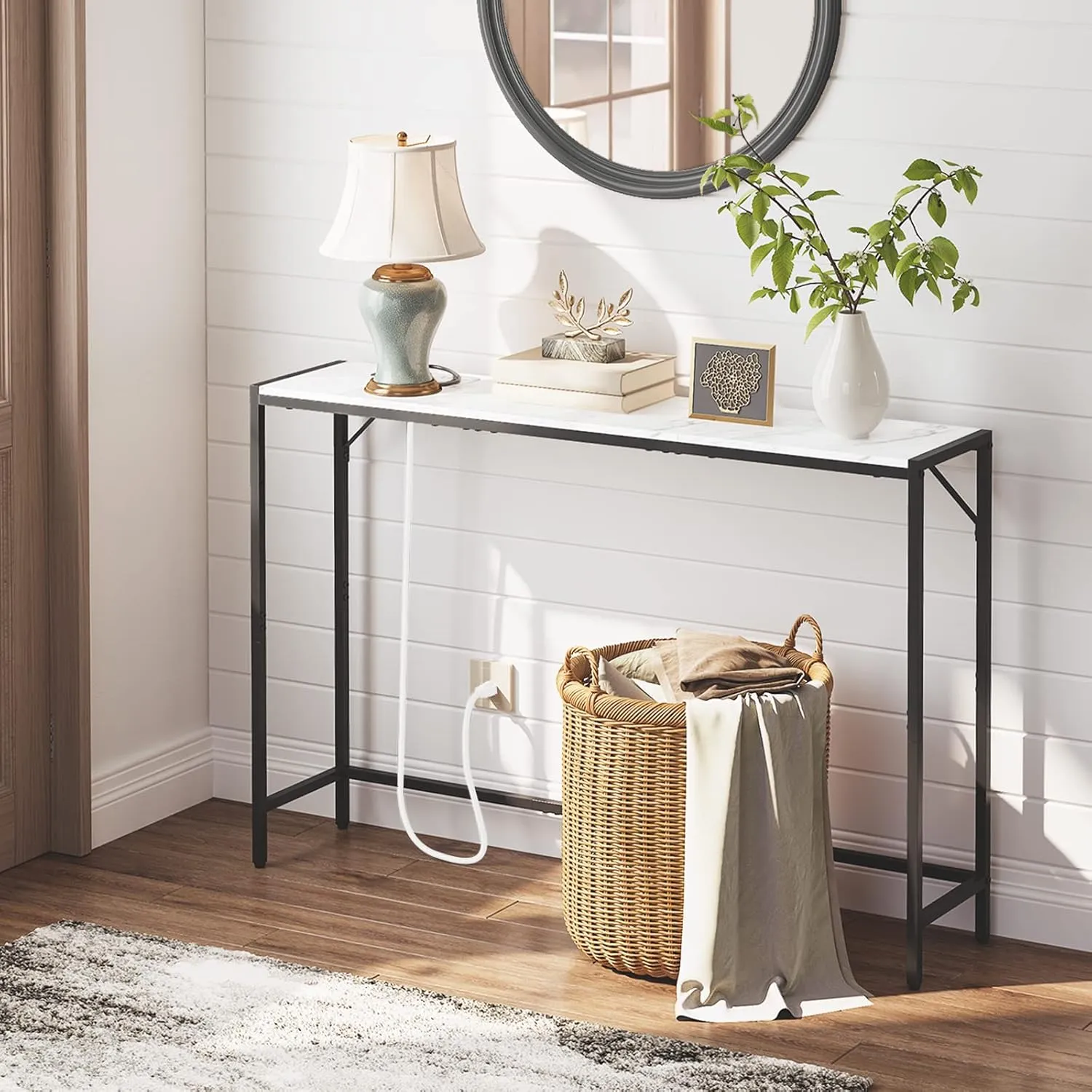 Console Table, Narrow Sofa Table, 43.3” Entrance Table with Power Station, Behind Couch Table, Simple Style, for Living Room, Hallway, Entryway, Foyer, Marble and Black CTHM112E01