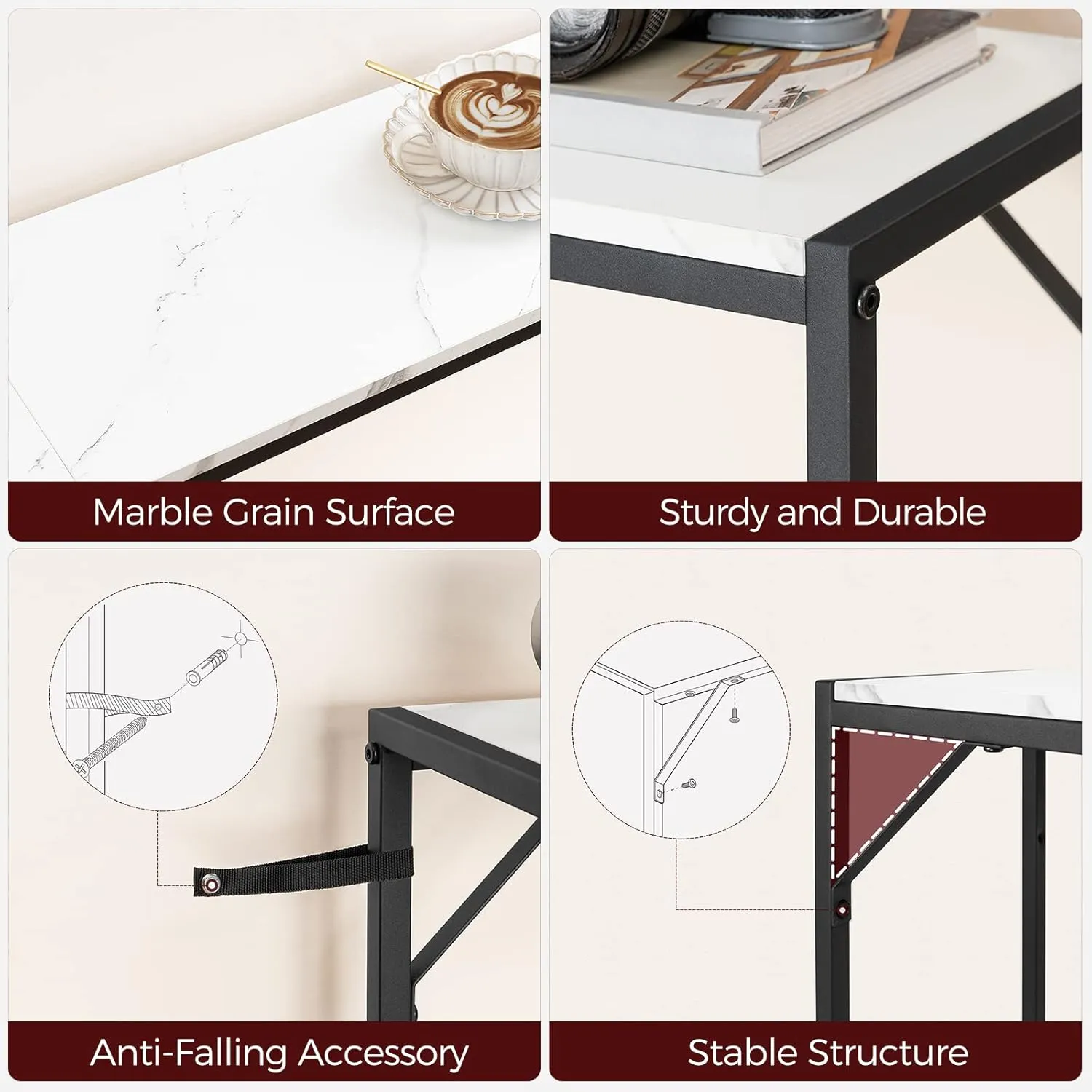 Console Table, Narrow Sofa Table, 43.3” Entrance Table with Power Station, Behind Couch Table, Simple Style, for Living Room, Hallway, Entryway, Foyer, Marble and Black CTHM112E01