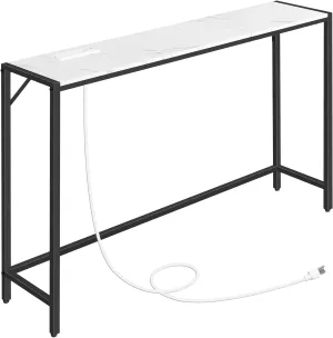 Console Table, Narrow Sofa Table, 43.3” Entrance Table with Power Station, Behind Couch Table, Simple Style, for Living Room, Hallway, Entryway, Foyer, Marble and Black CTHM112E01