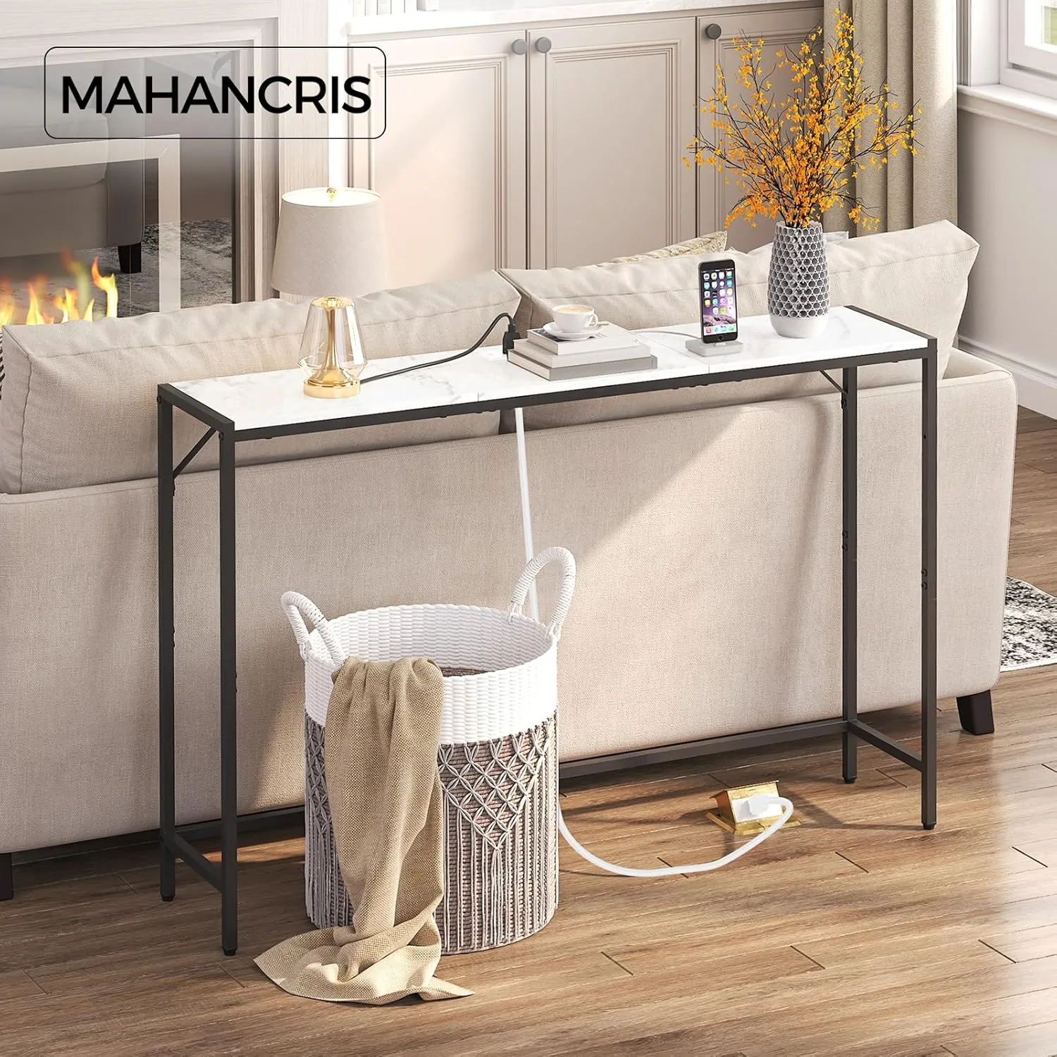Console Table, Narrow Sofa Table, 43.3” Entrance Table with Power Station, Behind Couch Table, Simple Style, for Living Room, Hallway, Entryway, Foyer, Marble and Black CTHM112E01
