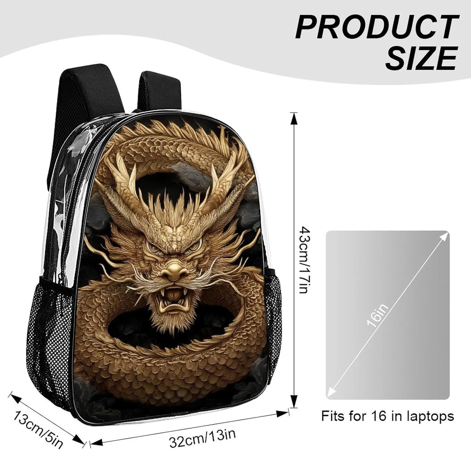 Cool Chinese Dragon King Rucksacks Lightweight Multipurpose Transparent Shoulder Bag Big Capacity Traveling & Camping Backpack With Side Pockets