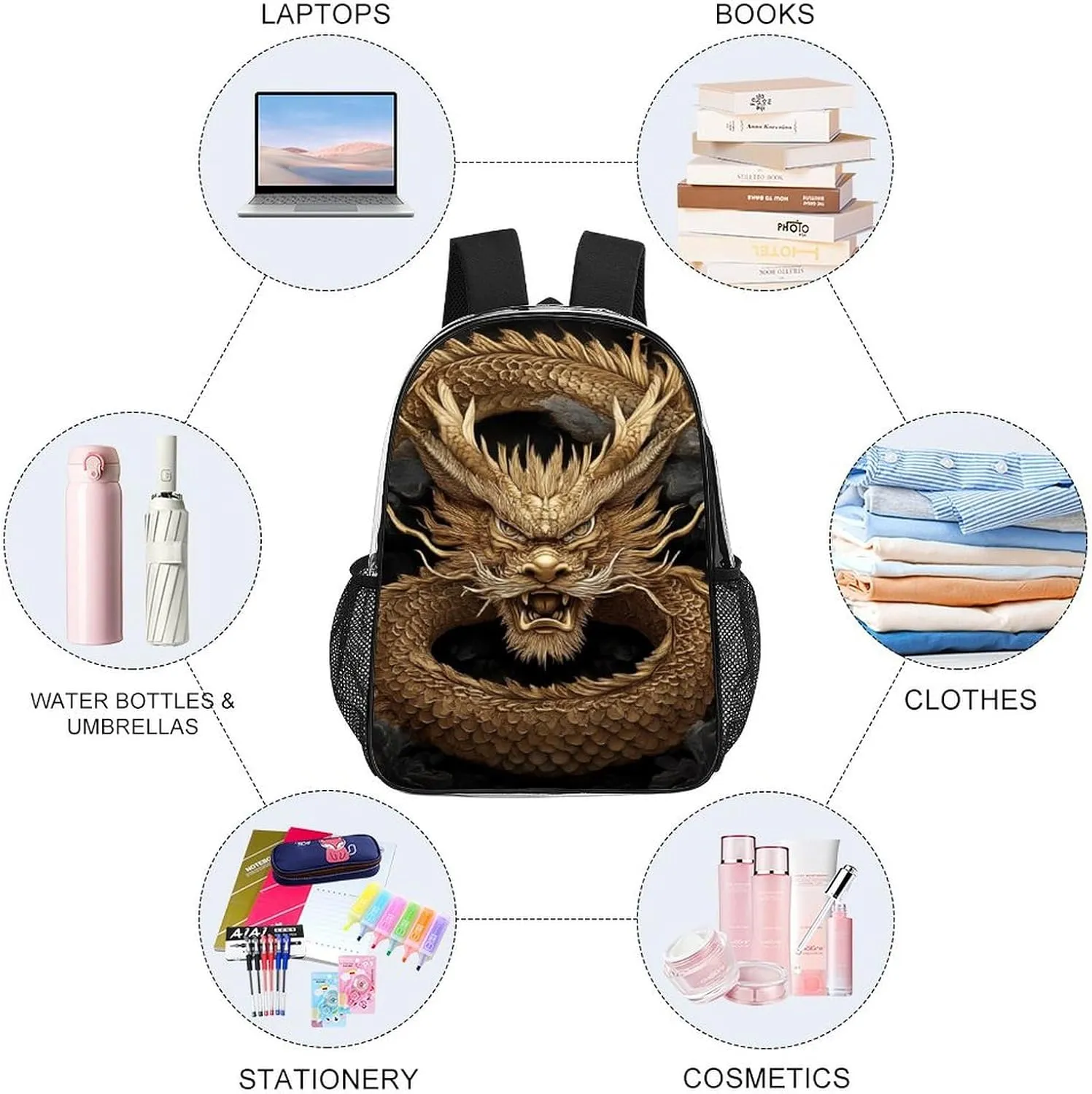 Cool Chinese Dragon King Rucksacks Lightweight Multipurpose Transparent Shoulder Bag Big Capacity Traveling & Camping Backpack With Side Pockets
