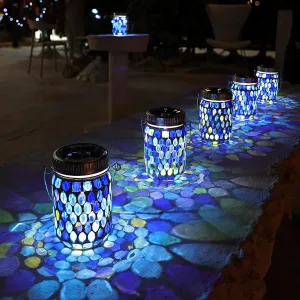 Cooo 4 Pack Mosaic Lanterns Outdoor Waterproof with 215% Larger Solar Panel, Never Rust Lids, True Capacity Battery- Solar Mason Mosaics Jar Lantern for Patio Garden Yard Balcony Hanging or Table