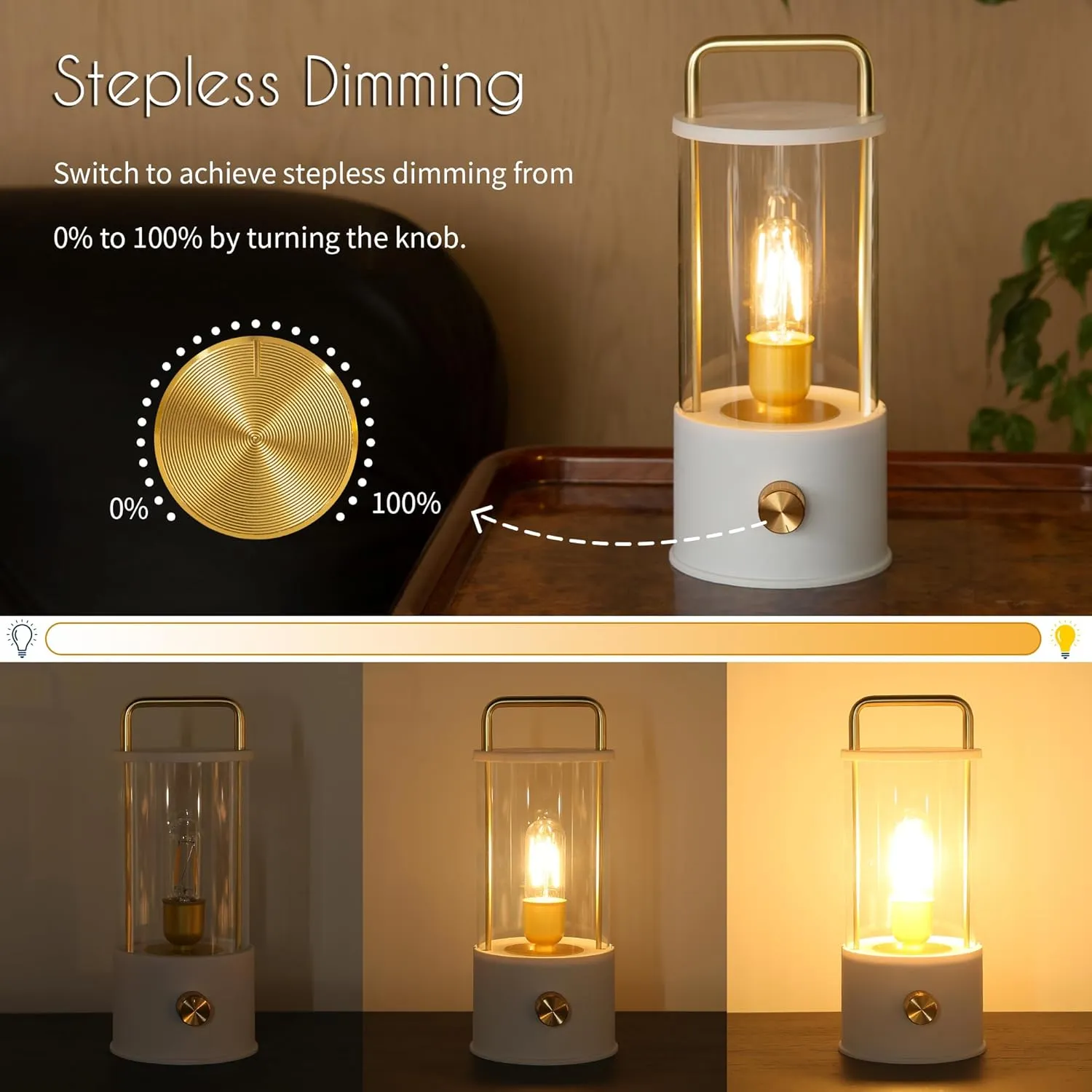 Cordless Table Lamp, Portable Lantern Rechargeable LED Battery Operated Lamp Stepless Dimming, Hanging Desk Bedside Small Table Lamp for Nightstand Camping Tabletop Bedroom White