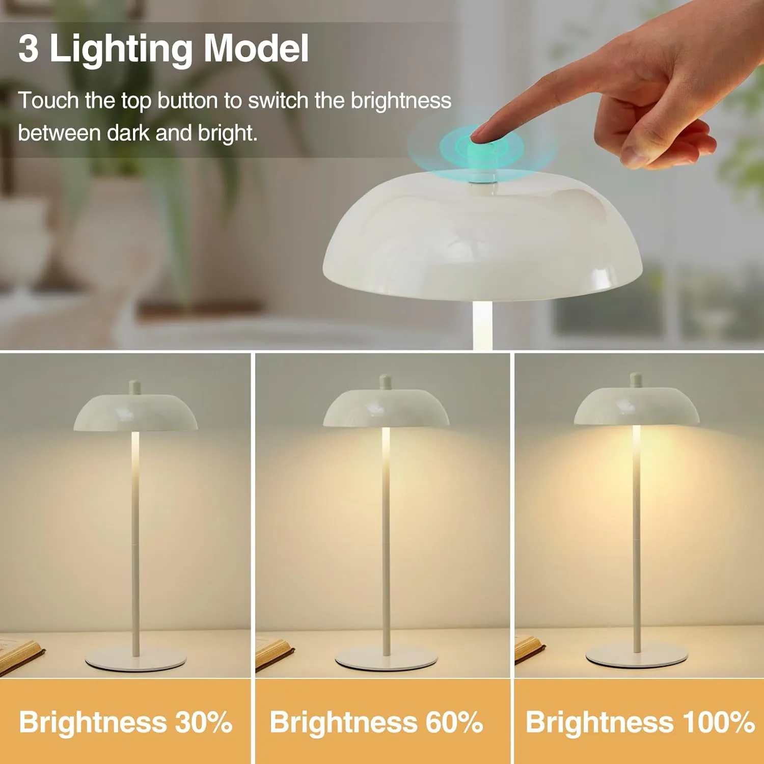 Cordless Table Lamp Rechargeable - Adjustable Height LED Desk Lamp 3 Way Dimmable Touch Battery Operated Nightstand Reading Lamp - Cream Modern Small Bedside Wireless Table Lamp for Dorm Home
