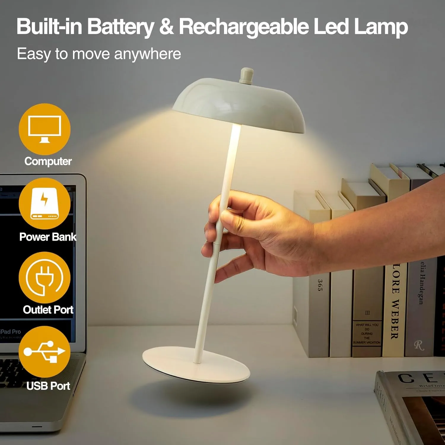 Cordless Table Lamp Rechargeable - Adjustable Height LED Desk Lamp 3 Way Dimmable Touch Battery Operated Nightstand Reading Lamp - Cream Modern Small Bedside Wireless Table Lamp for Dorm Home