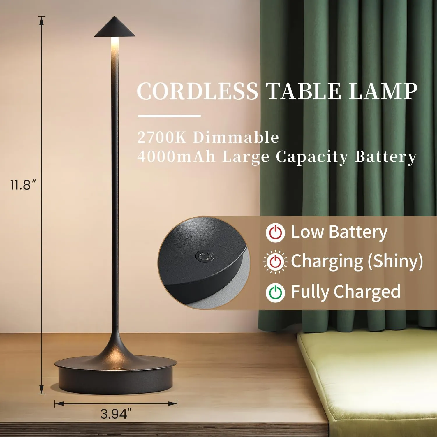 Cordless Table Lamp Rechargeable LED Battery Operated 4000mAh Table Lamp Touch Dimmable Lamp Outdoor Waterproof Portable Wireless Table Light for Dining Restaurant Bar Indoor/Outdoor Use (Black-1PC)