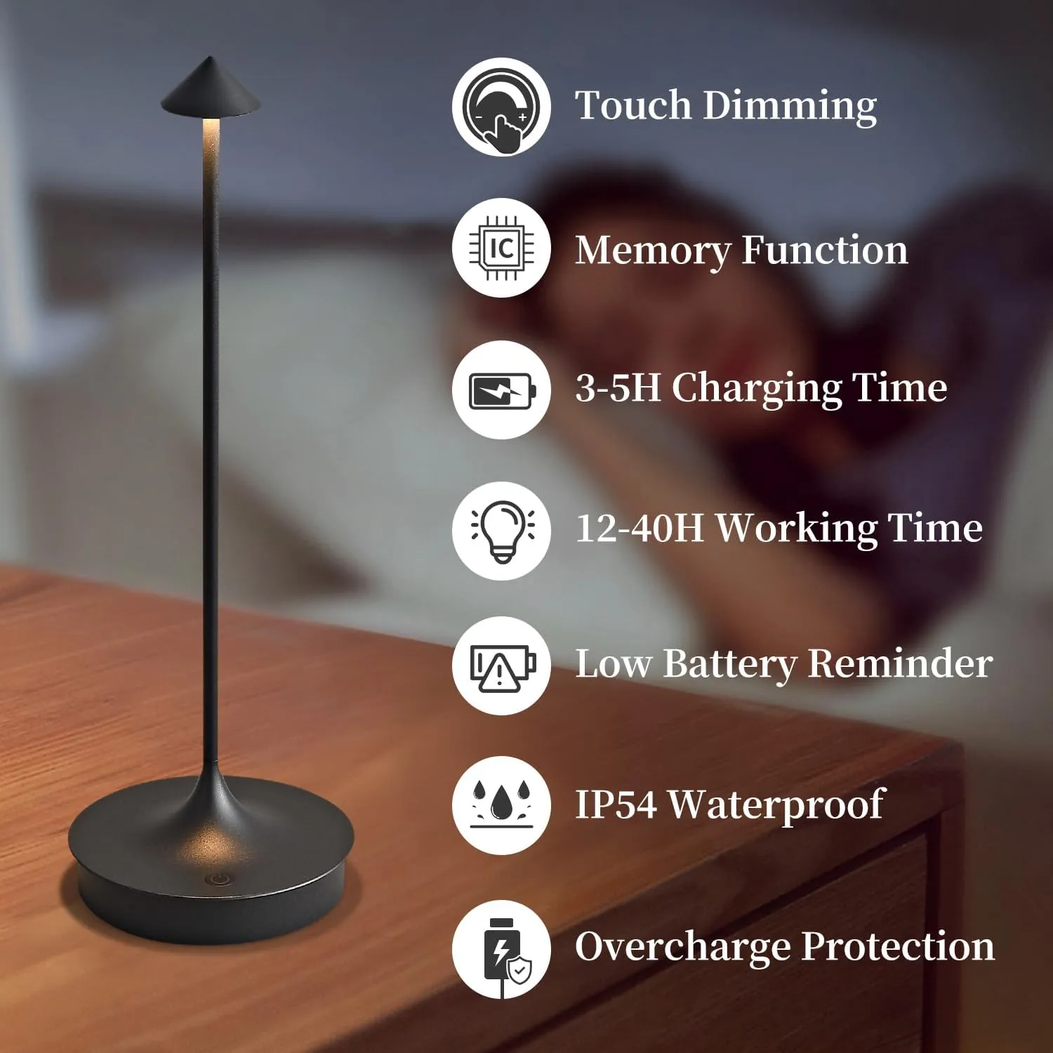 Cordless Table Lamp Rechargeable LED Battery Operated 4000mAh Table Lamp Touch Dimmable Lamp Outdoor Waterproof Portable Wireless Table Light for Dining Restaurant Bar Indoor/Outdoor Use (Black-1PC)