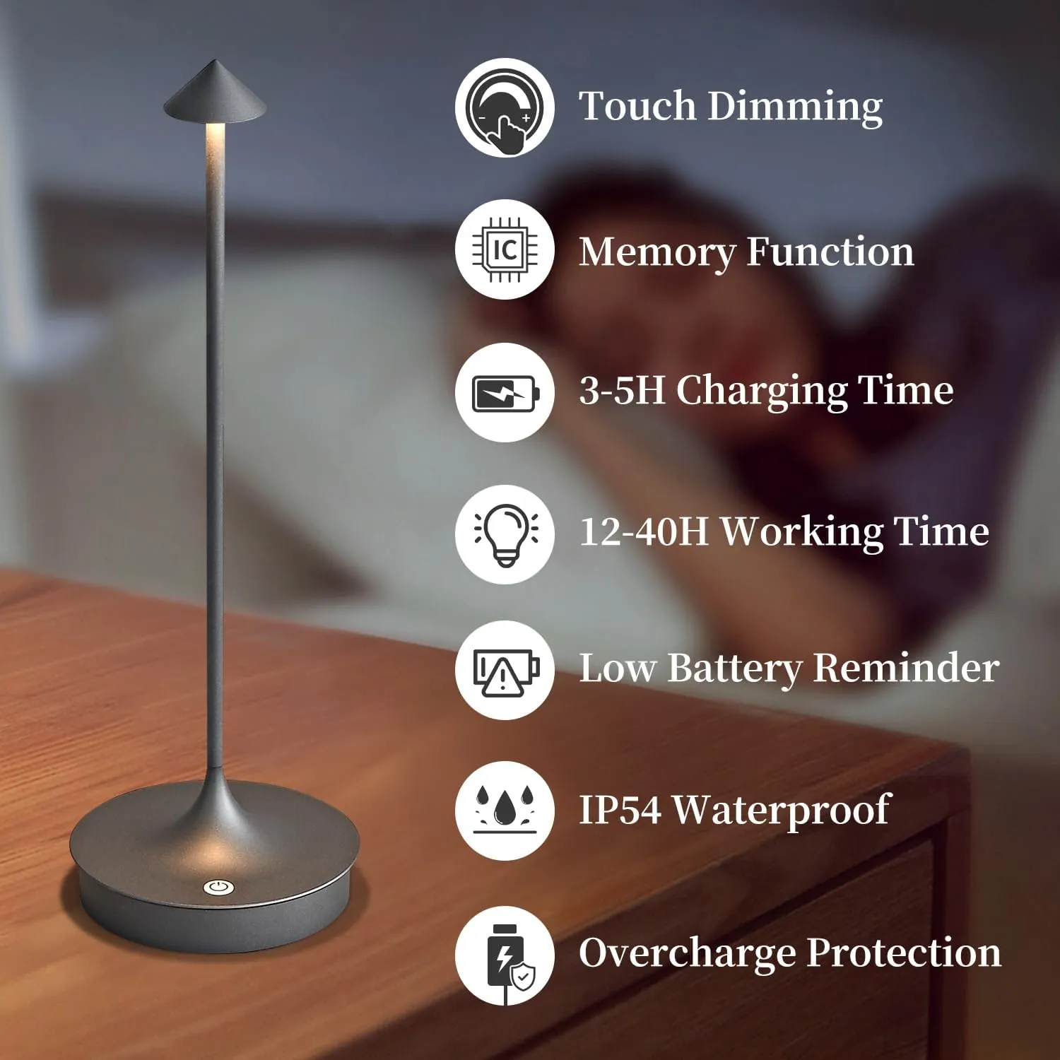 Cordless Table Lamp Rechargeable LED Battery Operated 4000mAh Table Lamp Touch Dimmable Lamp Outdoor Waterproof Portable Wireless Table Light for Dining Restaurant Bar Indoor/Outdoor Use (Grey-1PC)