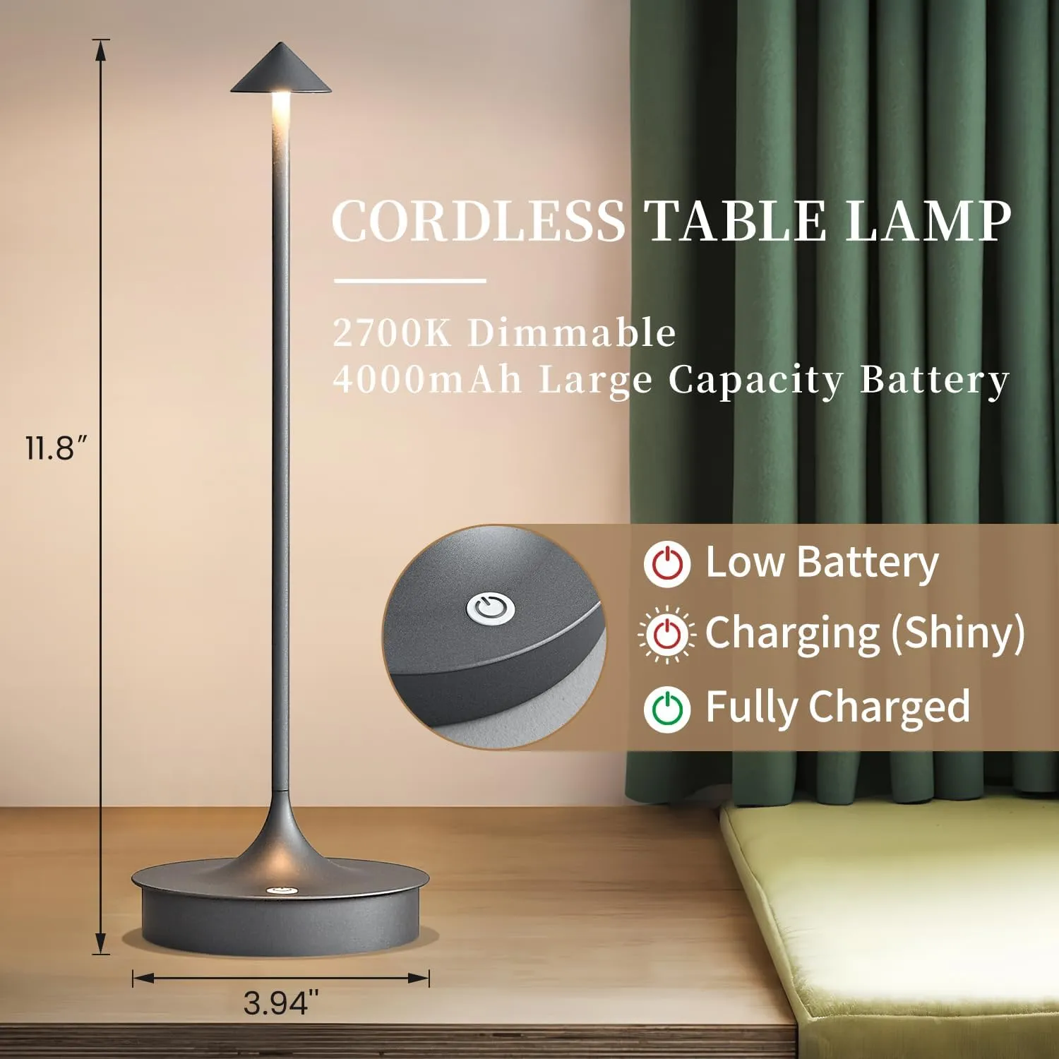 Cordless Table Lamp Rechargeable LED Battery Operated 4000mAh Table Lamp Touch Dimmable Lamp Outdoor Waterproof Portable Wireless Table Light for Dining Restaurant Bar Indoor/Outdoor Use (Grey-1PC)