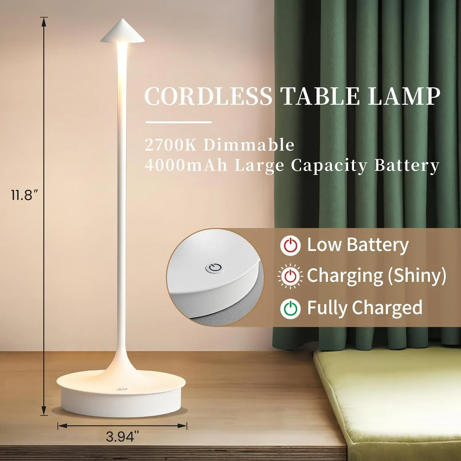 Cordless Table Lamp Rechargeable LED Battery Operated 4000mAh Table Lamp Touch Dimmable Lamp Outdoor Waterproof Portable Wireless Table Light for Dining Restaurant Bar Indoor/Outdoor Use (White-1PC)