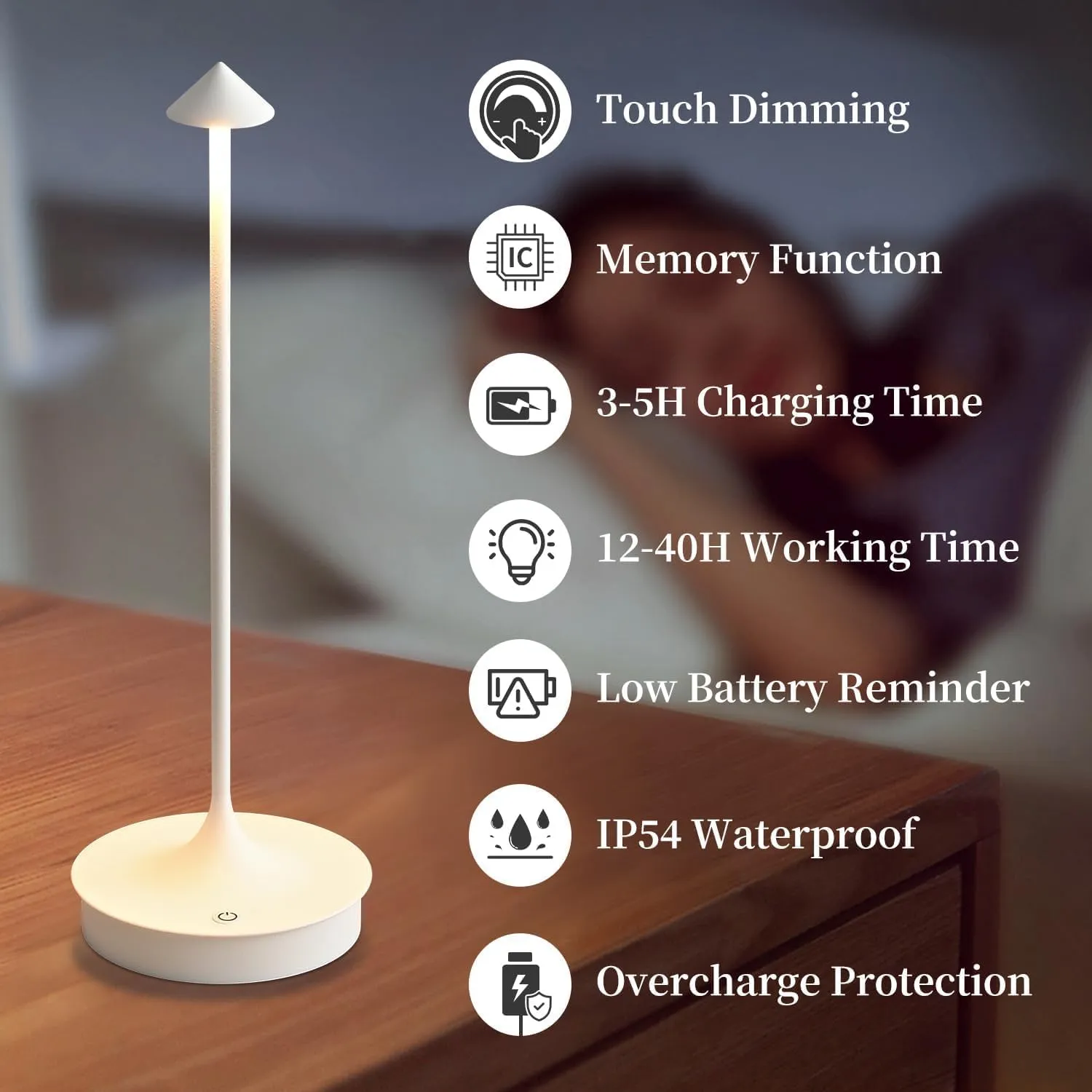 Cordless Table Lamp Rechargeable LED Battery Operated 4000mAh Table Lamp Touch Dimmable Lamp Outdoor Waterproof Portable Wireless Table Light for Dining Restaurant Bar Indoor/Outdoor Use (White-1PC)