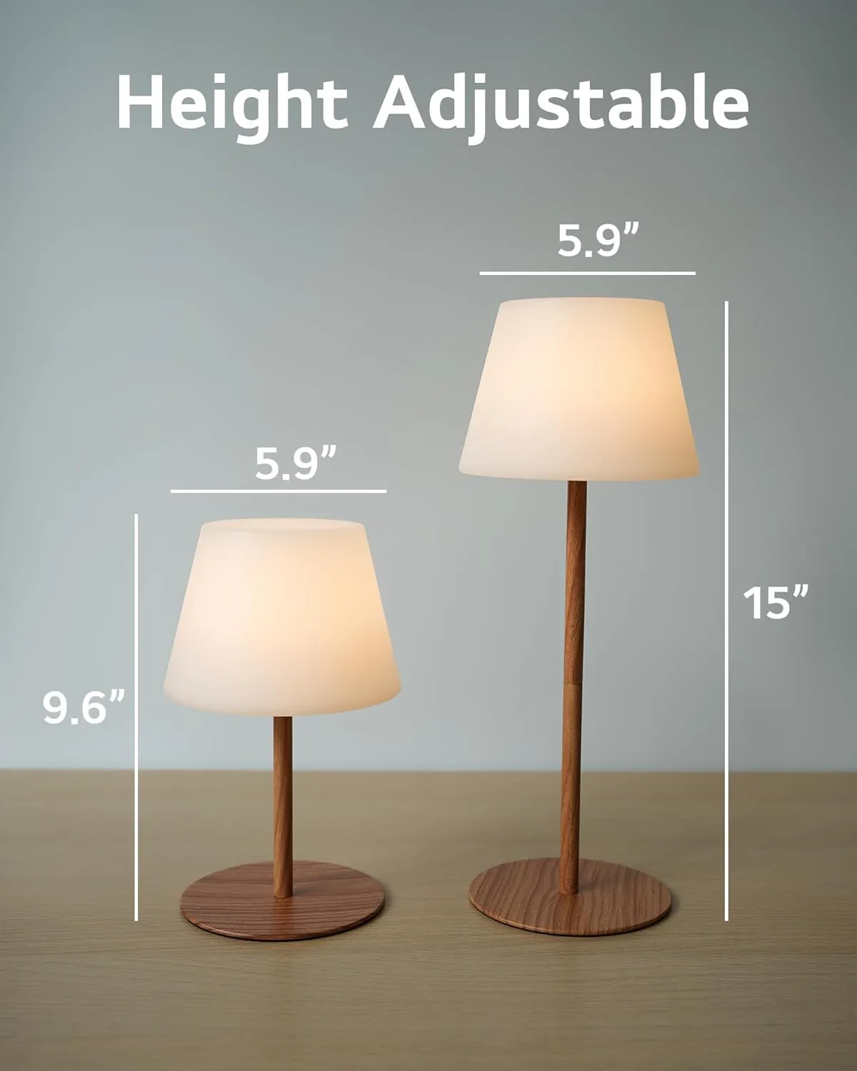 Cordless Table Lamp Rechargeable, Outdoor Battery Operated Table Lamp Waterproof, Portable Touch Dimmable Night Light, Height Adjustable, for Home/Bedroom/Patio/Restaurant (Wood)