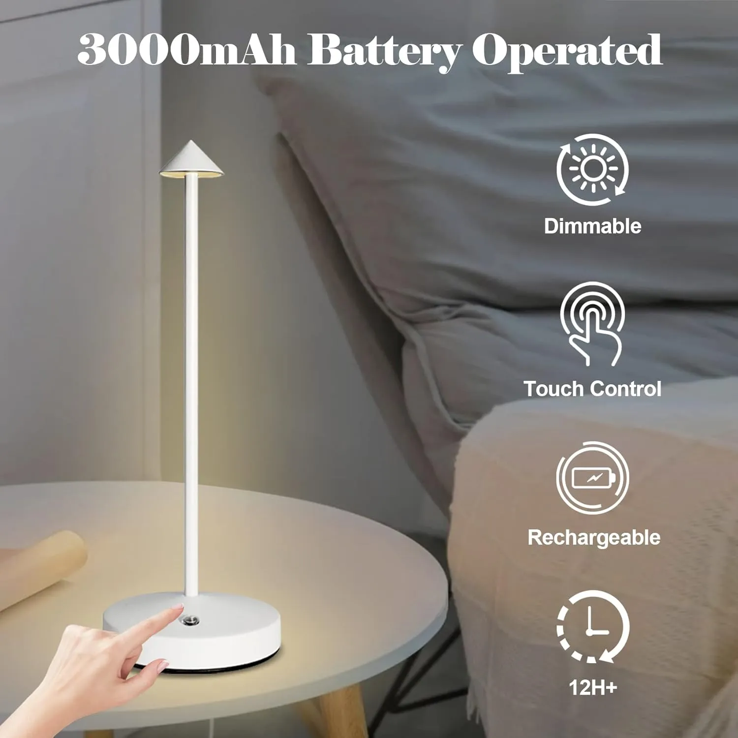 Cordless Table Lamps Rechargeable,White Battery Operated Table lamp in Aluminum,Portable LED Touch 2 Levels Brightness Dimmable Bar Lamp,Battery Operated Desk Lamp for Indoor/Outdoor