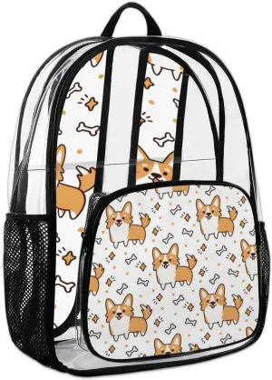 Corgi Cute Dogs Clear Backpack Heavy Duty Transparent Bookbag Clear Back Pack See Through Plastic Book Bag for Work,Security,Stadium,Travel,Festival,College