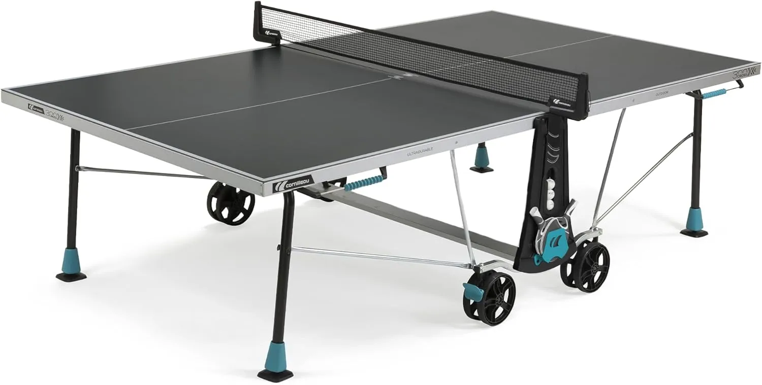 CORNILLEAU - 300X Outdoor Table Tennis Table - 5mm Weatherproof Surface, Anti-Glare Coating, Compact Folding Design, Storage for Paddles & Balls - Blue or Grey