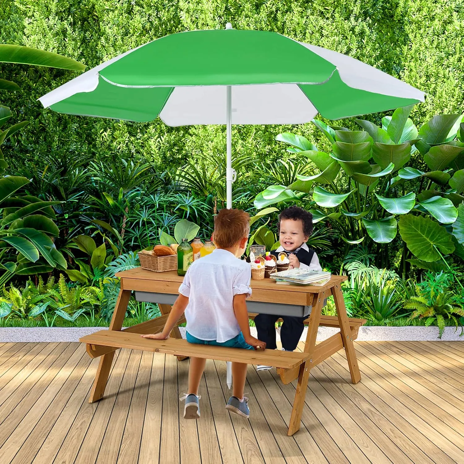 Costzon Kids Picnic Table with Sensory Bins, 4 in 1 Sand and Water Table with Height Adjustable Umbrella, Removable Tabletop for Outdoor Backyard Patio Play