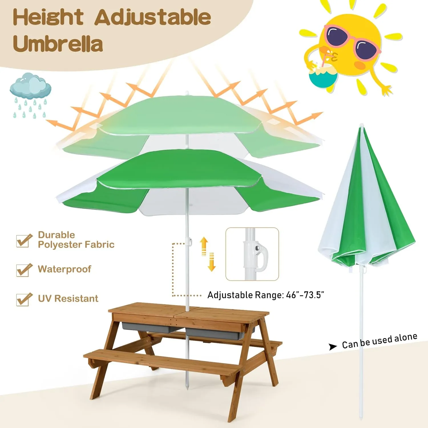 Costzon Kids Picnic Table with Sensory Bins, 4 in 1 Sand and Water Table with Height Adjustable Umbrella, Removable Tabletop for Outdoor Backyard Patio Play