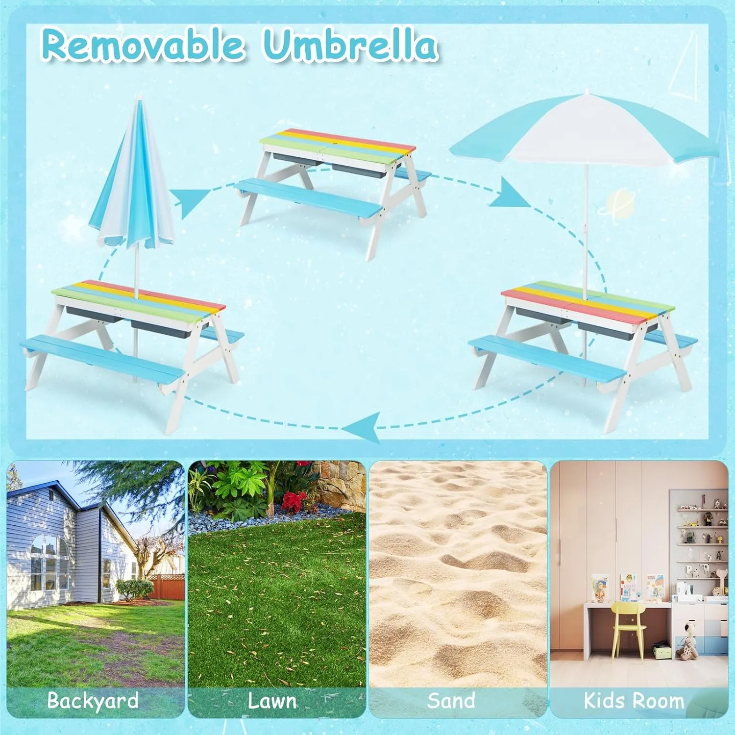 Costzon Kids Picnic Table with Sensory Bins, 4 in 1 Sand and Water Table with Height Adjustable Umbrella, Removable Tabletop for Outdoor Backyard Patio Play