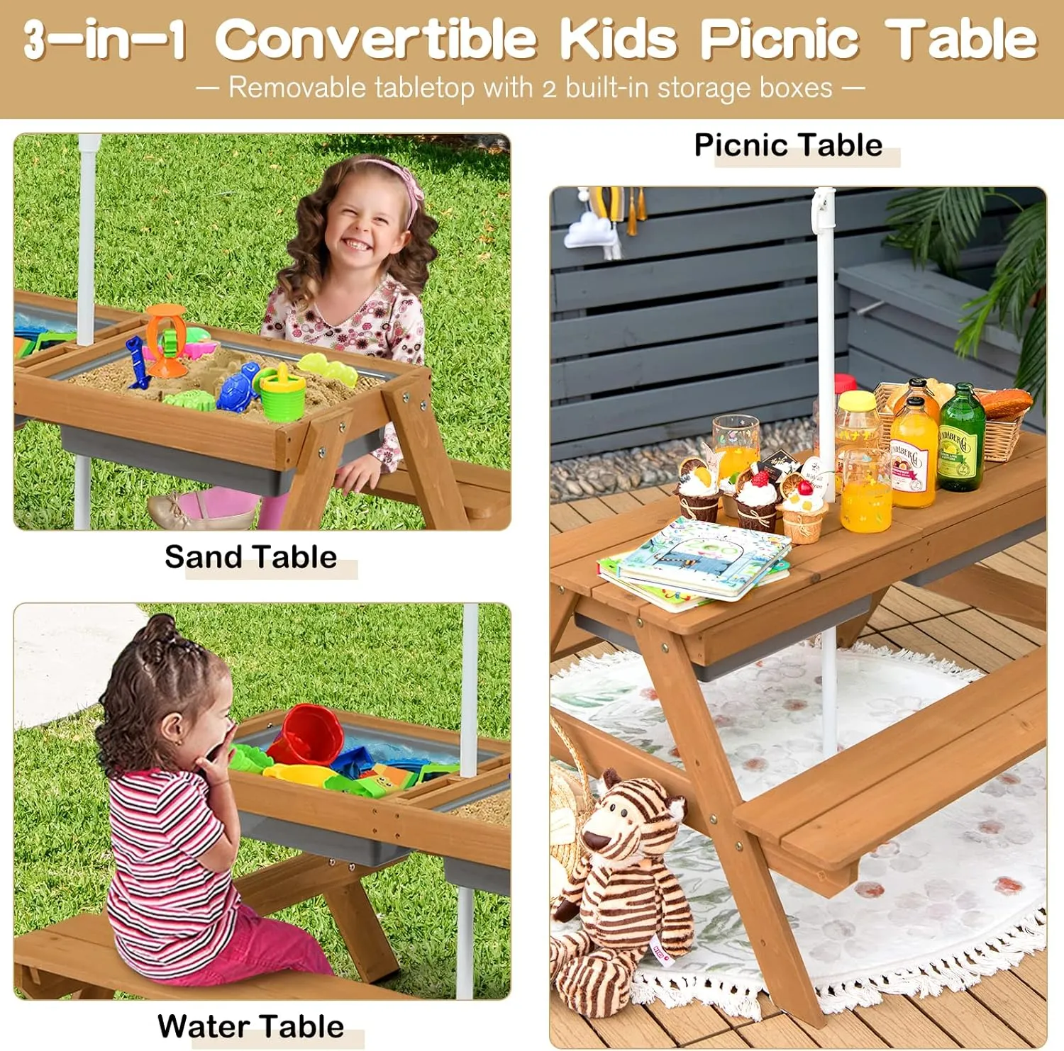 Costzon Kids Picnic Table with Sensory Bins, 4 in 1 Sand and Water Table with Height Adjustable Umbrella, Removable Tabletop for Outdoor Backyard Patio Play