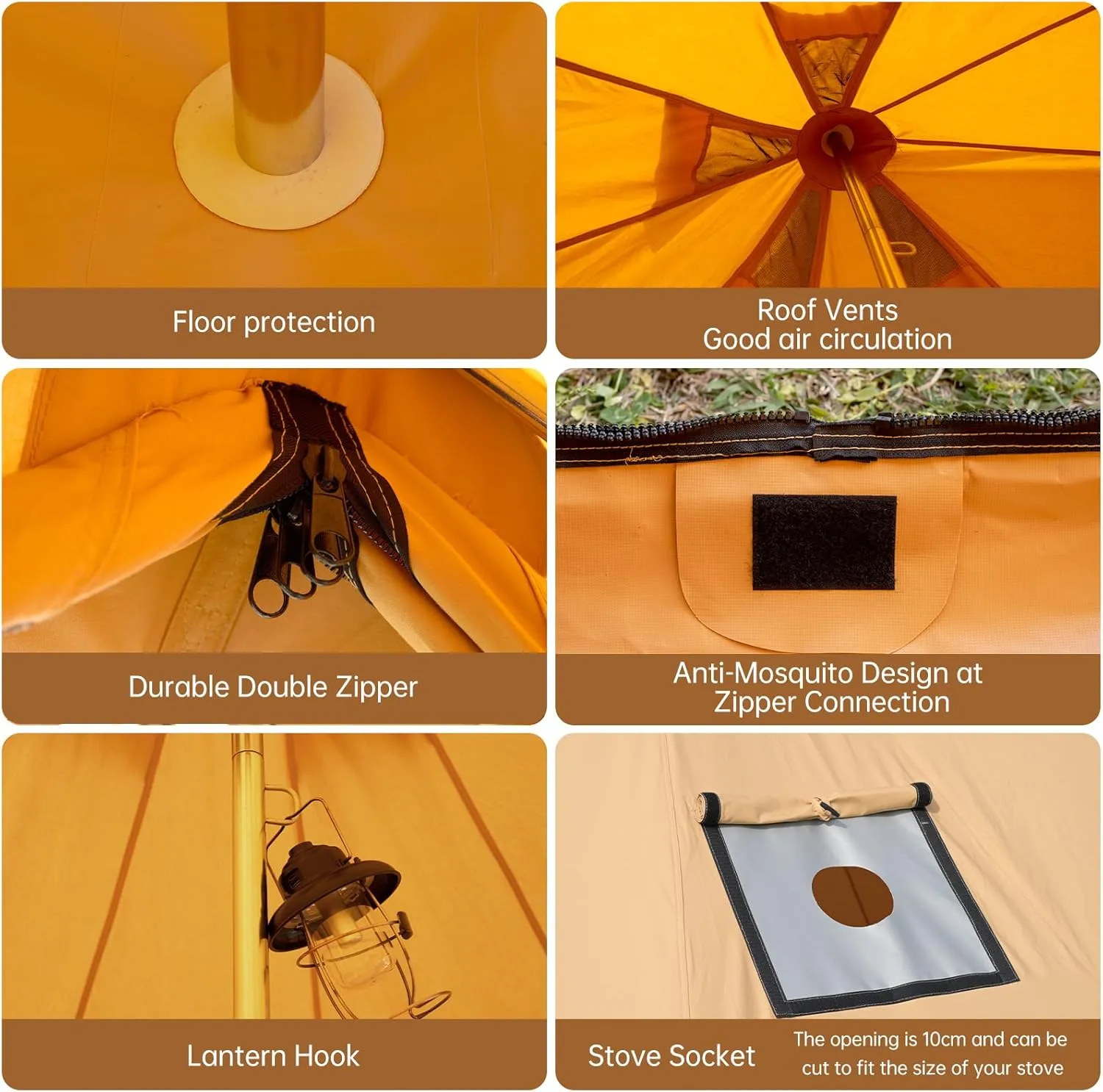 Cotton Canvas Bell Tent with Stove Jack, Roomy Yurt for Family Glamping Camping, 4 Season Tent with Zipped Removable Floor