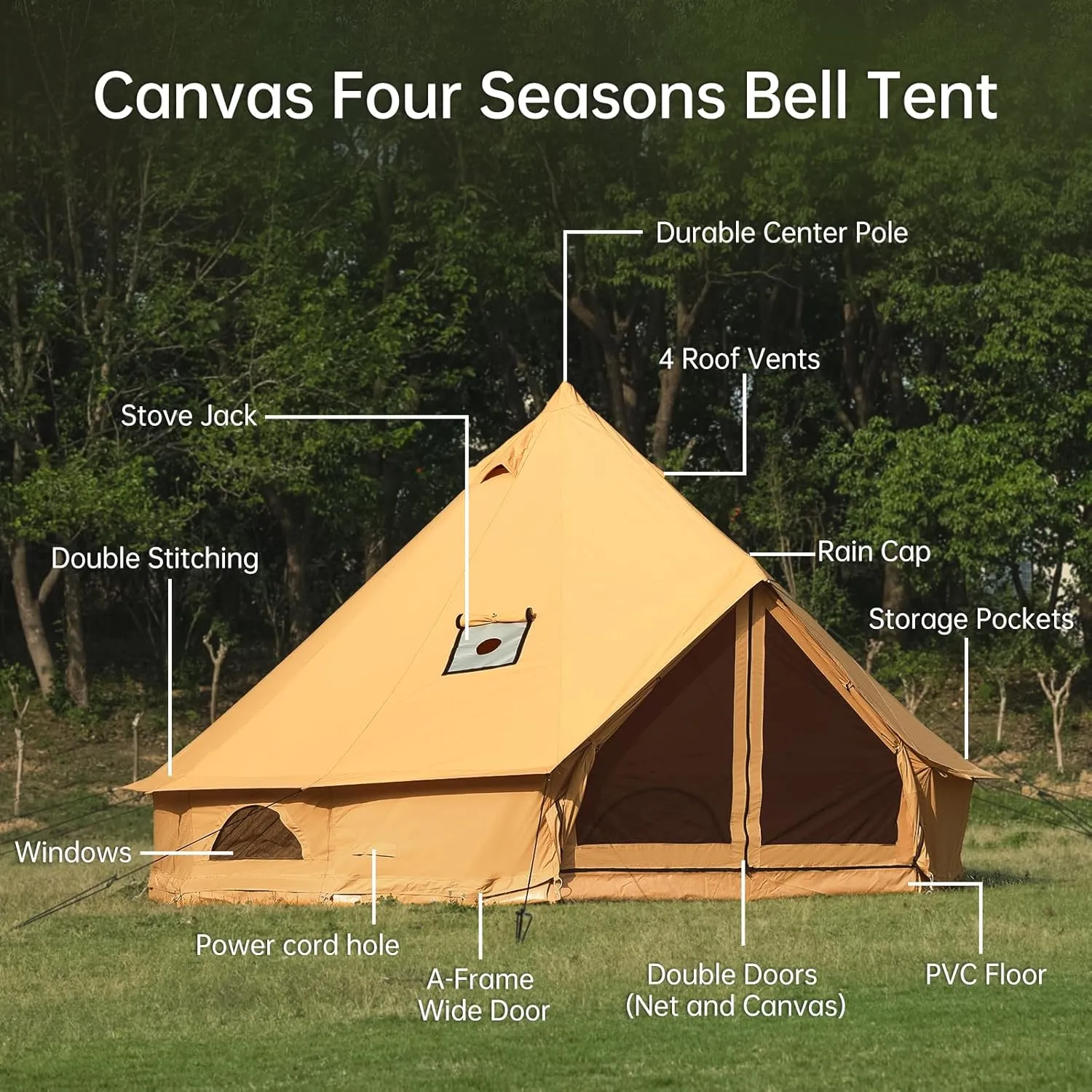 Cotton Canvas Bell Tent with Stove Jack, Roomy Yurt for Family Glamping Camping, 4 Season Tent with Zipped Removable Floor