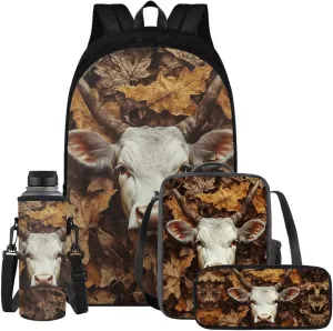Cow Teens Backpack with Lunch Box and Water Bottle Sleeves Lightweight Kids Bookbags for Boys Ages 9-11 Portable Kids Bookbags with Pencil Case Back to School Gifts