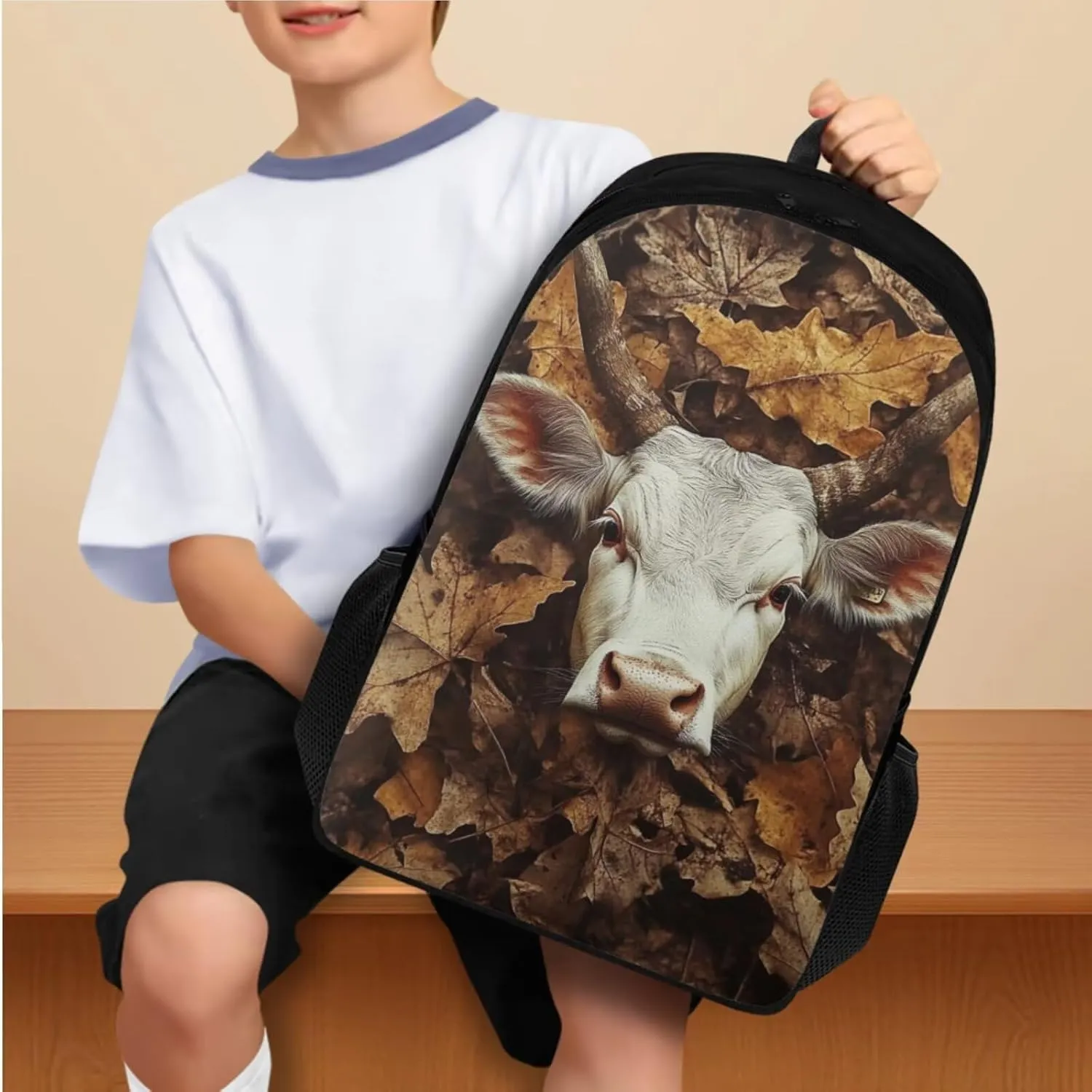 Cow Teens Backpack with Lunch Box and Water Bottle Sleeves Lightweight Kids Bookbags for Boys Ages 9-11 Portable Kids Bookbags with Pencil Case Back to School Gifts