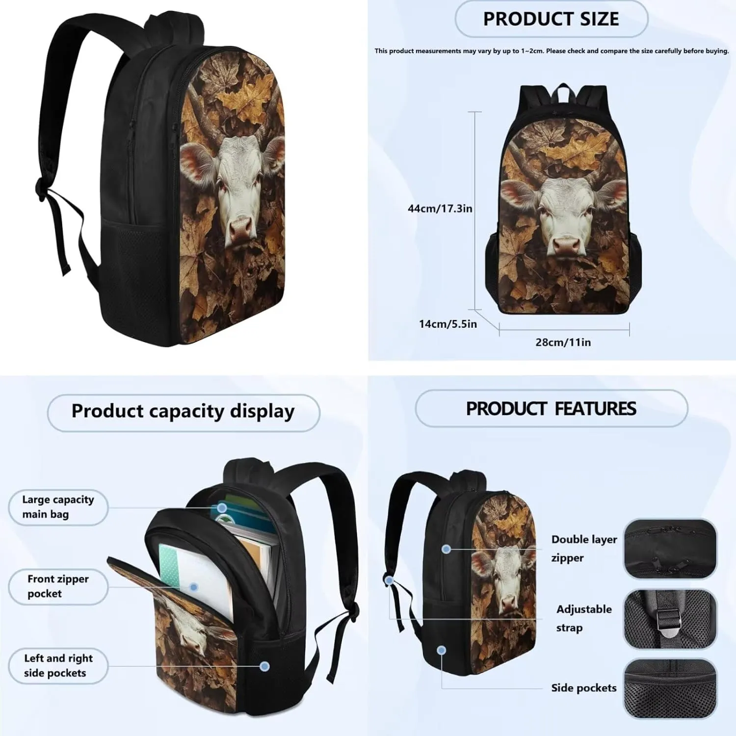 Cow Teens Backpack with Lunch Box and Water Bottle Sleeves Lightweight Kids Bookbags for Boys Ages 9-11 Portable Kids Bookbags with Pencil Case Back to School Gifts