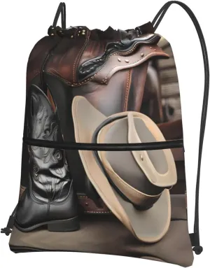 Cowboy Black Hat Western Boots Print Drawstring Backpack â€“ Adjustable Lightweight Gym Bag for Sports, Yoga, Travel, and Hiking